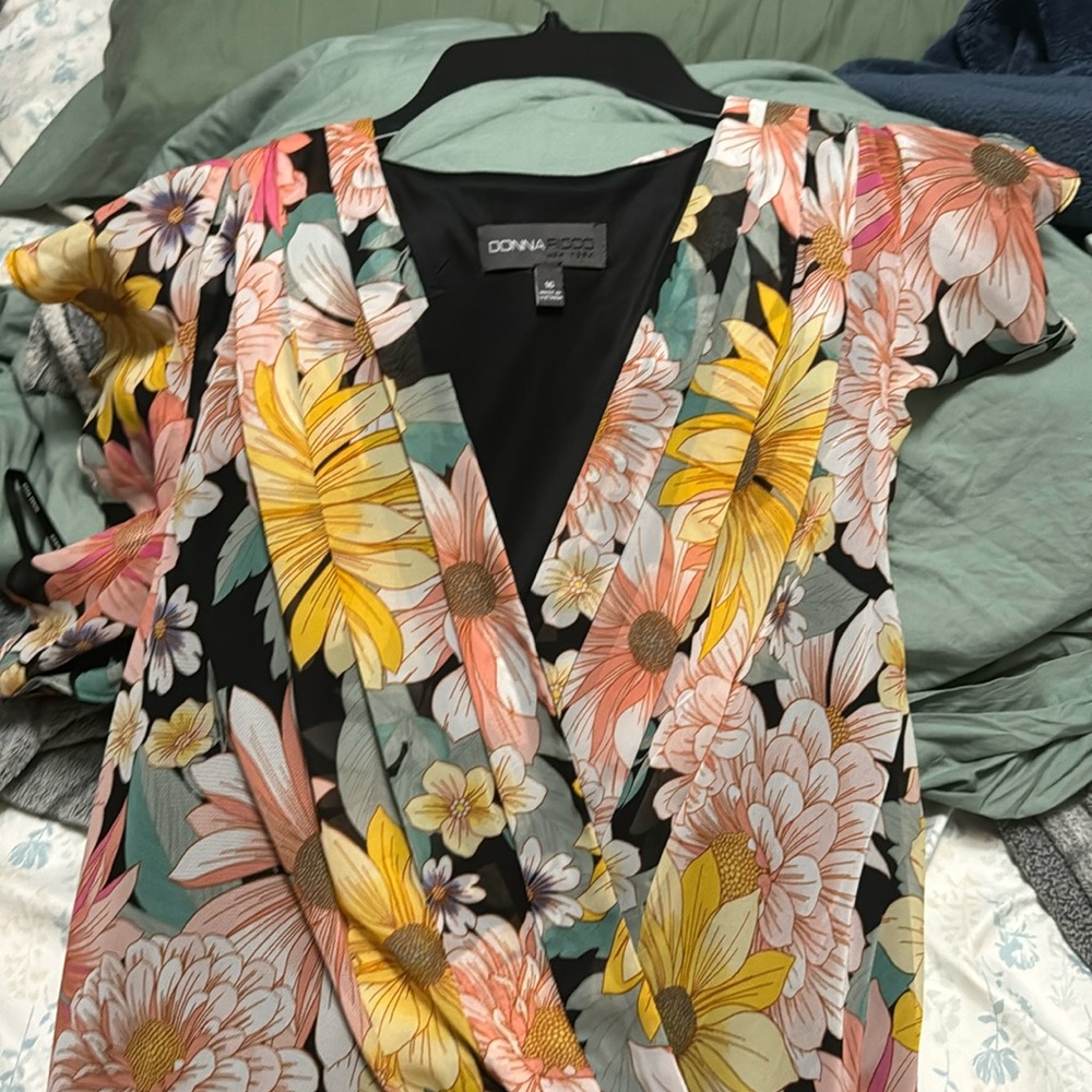 Donna Ricco Black Floral Maxi Dress with Yellow and Pink Blooms